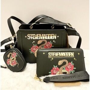 Steve Madden Black Snake Rose Satchel Handbag Wallet and Coin Purse 3pc Set